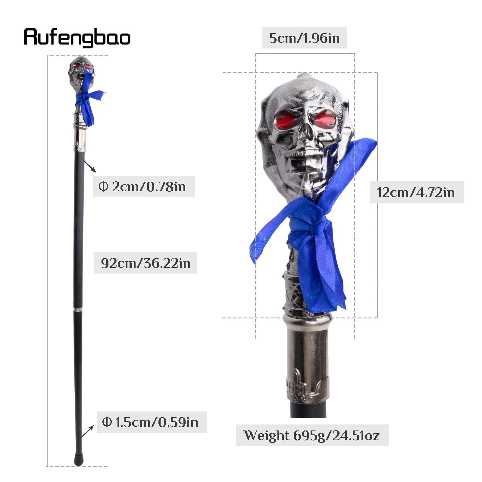 Cabeza de calavera plateada con pajarita, ojo rojo, bastón para caminar, perilla de cocodrilo, 92cm