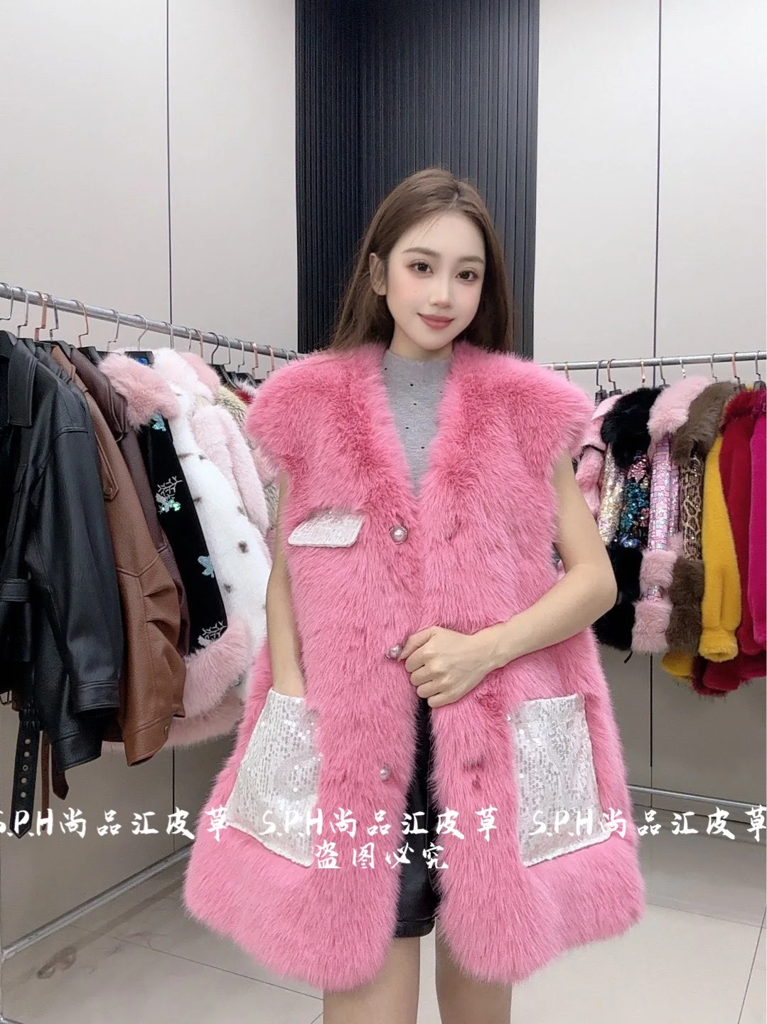 Detachable Long Sleeve Women's Winter Thick Heavy Sequin Faux Fur Coat 2025 Winter Coat Women Pocket Sequin Pink Jacket