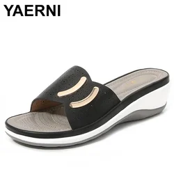 YAERNI Summer New Women's Slippers Comfortable Breathable Wedge Sandals Female Fashion Metal Decoration Ladies Beach Shoes