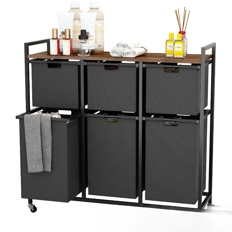 Iron wood laundry basket Portable mesh fabric Laundry basket Household with wheels