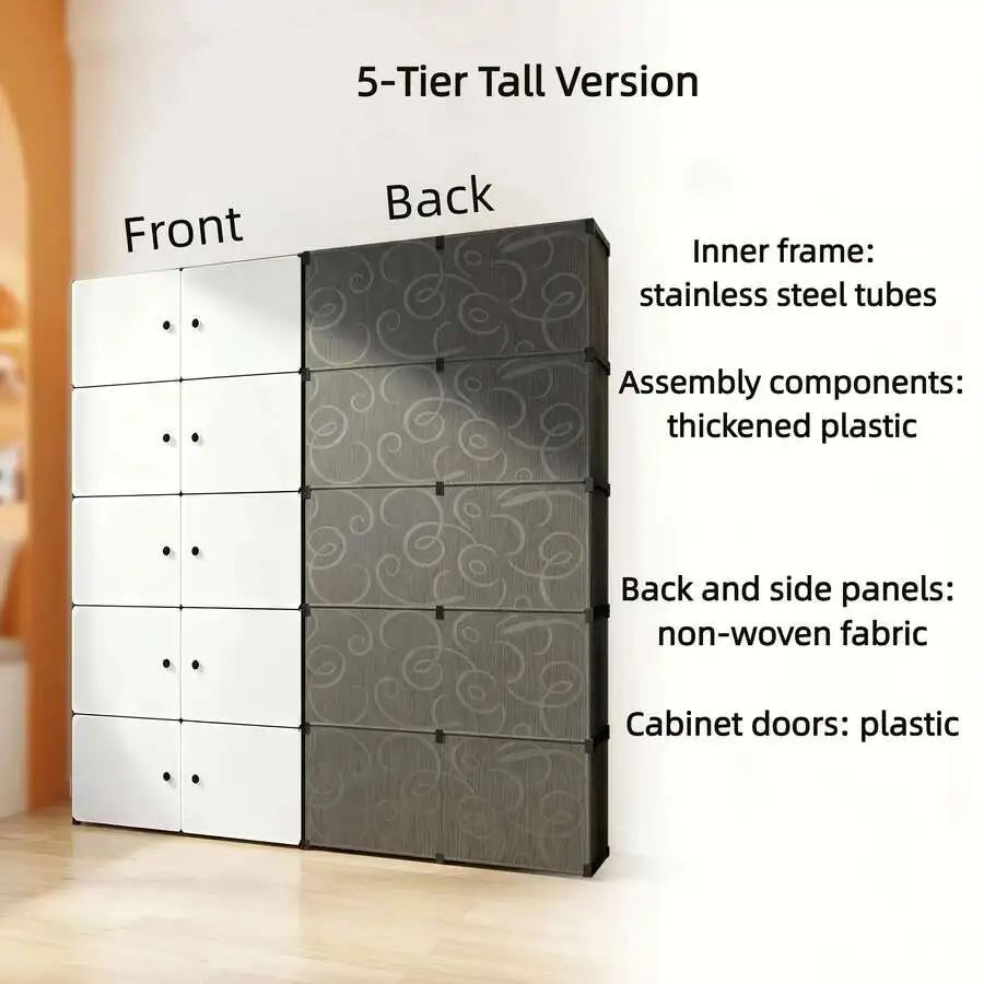 Modular Storage Cabinet With Magnetic Doors, 3/4/5 Tiers Large Capacity Closet Organizer, Sturdy Load-Bearing Dust-Proof Odor-Fr
