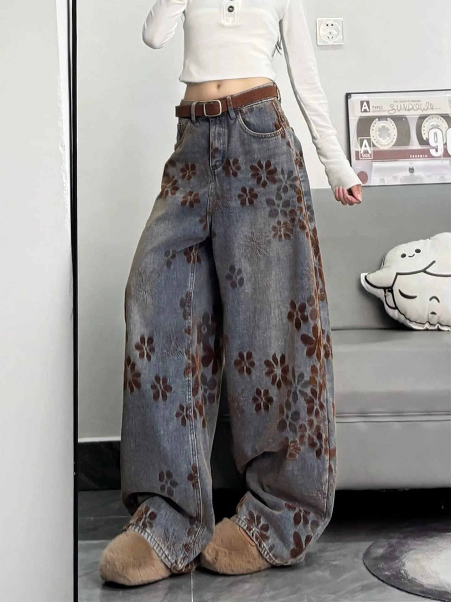 Retro Amerikanische Gestrickte Breite Bein Jeans frauen Lose Gerade Geschnitten Hosen Frühjahr Neue Design Schlankheits Wirkung Casual Jeans