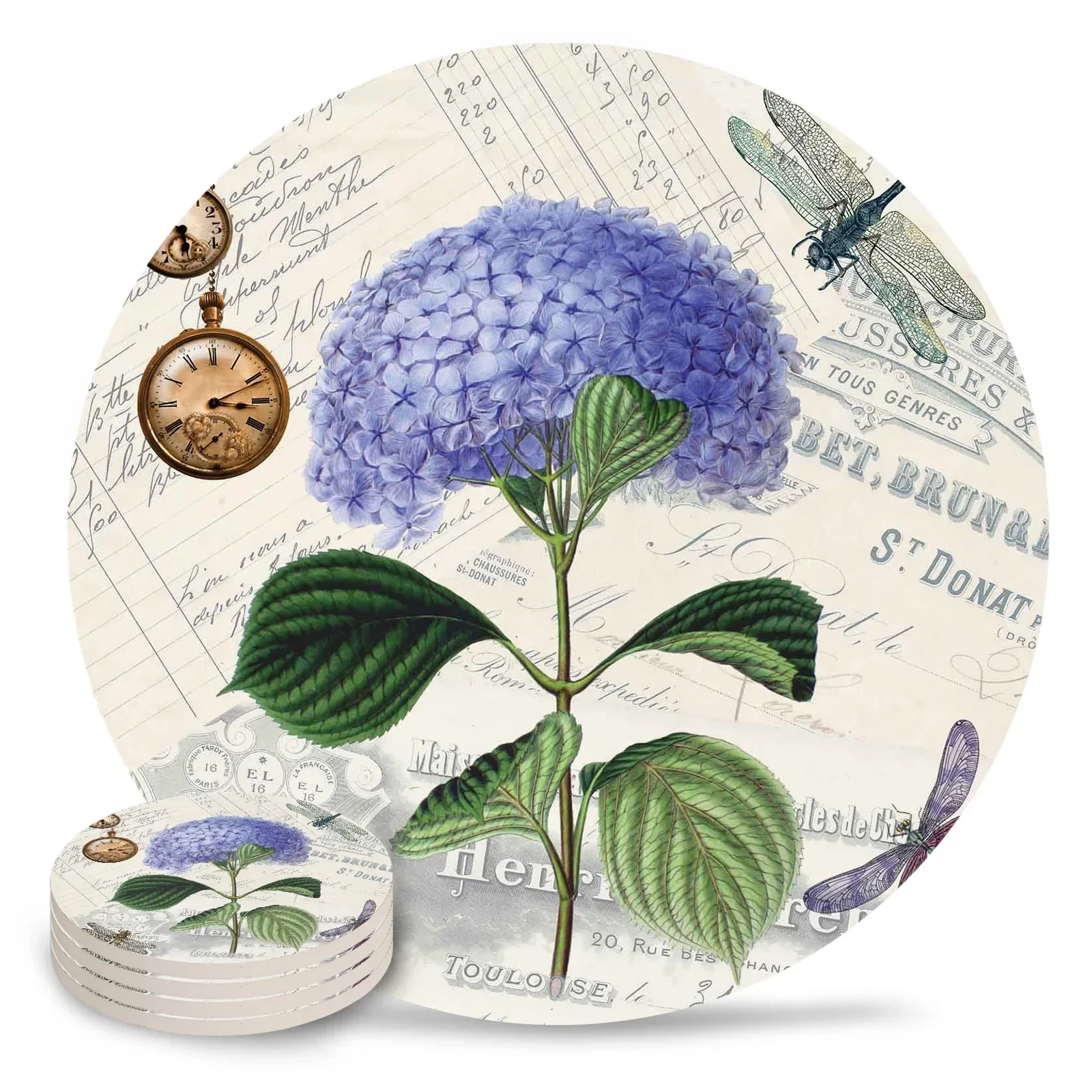 

Purple Flower Dragonfly Clock Retro Ceramic Coasters Waterproof Tea Cup Mat Christmas Home Decor Coasters for Kitchen Desk Mat