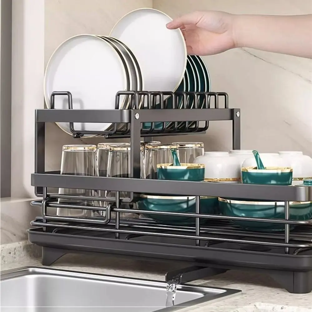 

Adjustable Dish Drying Rack Extendable Drain Pipe 360° Rotatable Kitchen Dish Rack Rust-Proof Universal Cutlery Storage Holder