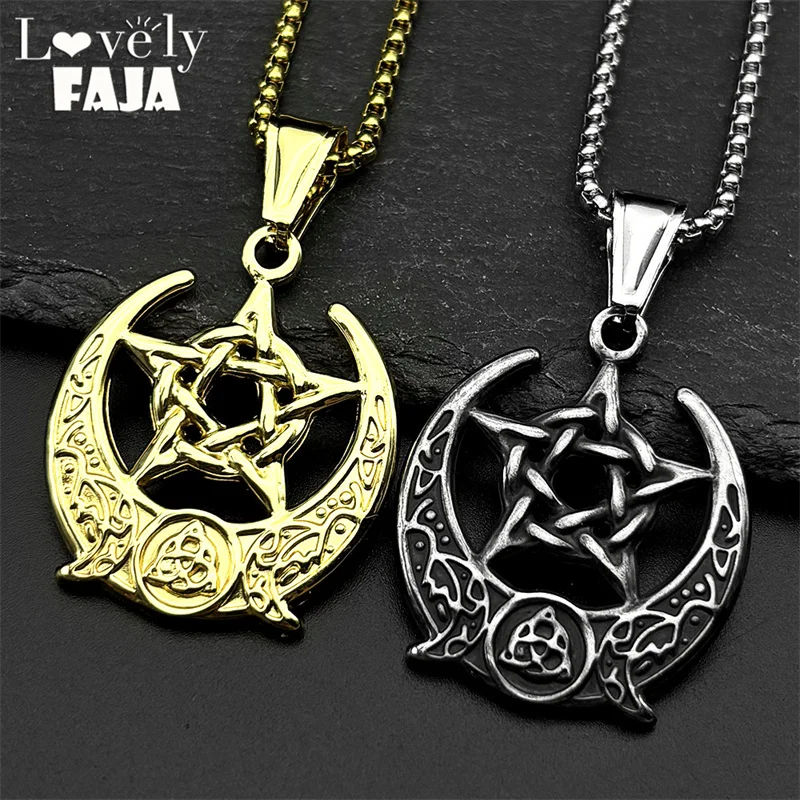 

Vinatge Wicca Triple Moon Crescent Pentagram Pendant Necklace for Men Women Stainless Steel Chain Celtic Knot Jewelry Gift