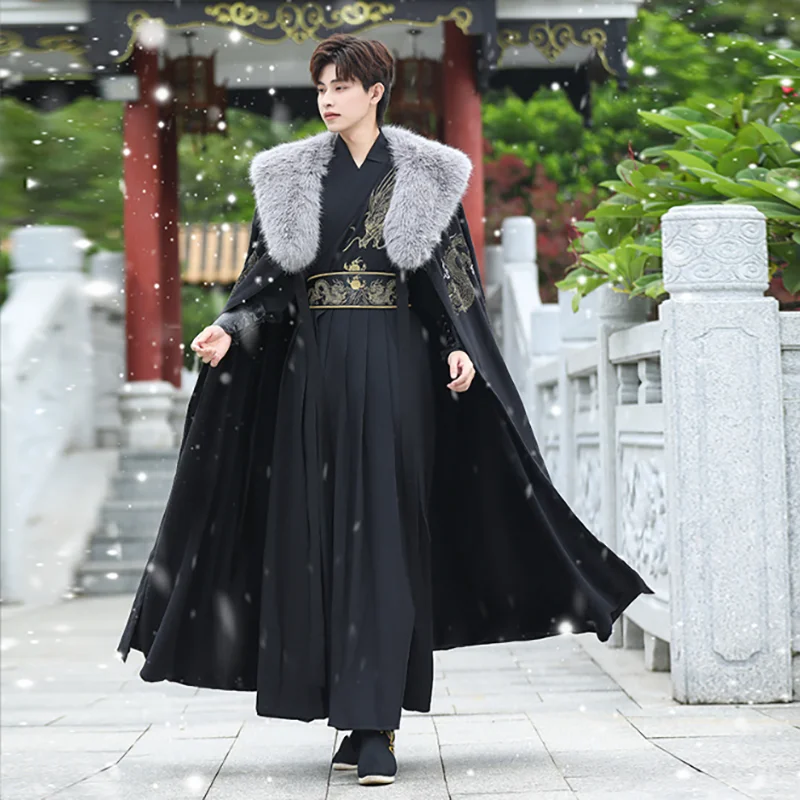 

Winter Thick Cloak Men Oversized Halloween Carnival Cosplay Costume Black Embroidery Hanfu Cape Party Outfit Plus Size 4XL