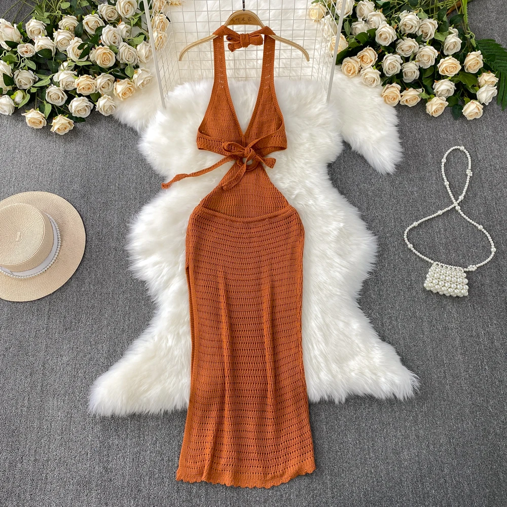 Frauen Tropical Gestrickte Split Kleid Ethnische Böhmische Bikini Abdeckungen Aushöhlen Vintage Strand Neckholder Bandage Hotsweet Sheer Kleider