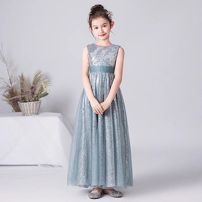 Foreign Trade Quality Children's Formal Dress Princess Dress Big Kids Performance Dress Violin Dress Recitation Dress Silver Gra