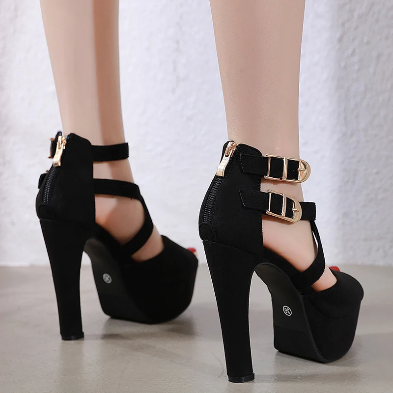 Maogu Pump Shoes for Women 2023 Black Gladiator Sandals Double Buckle Peep Toe High Heels Party Platform Chunky Block High Heel