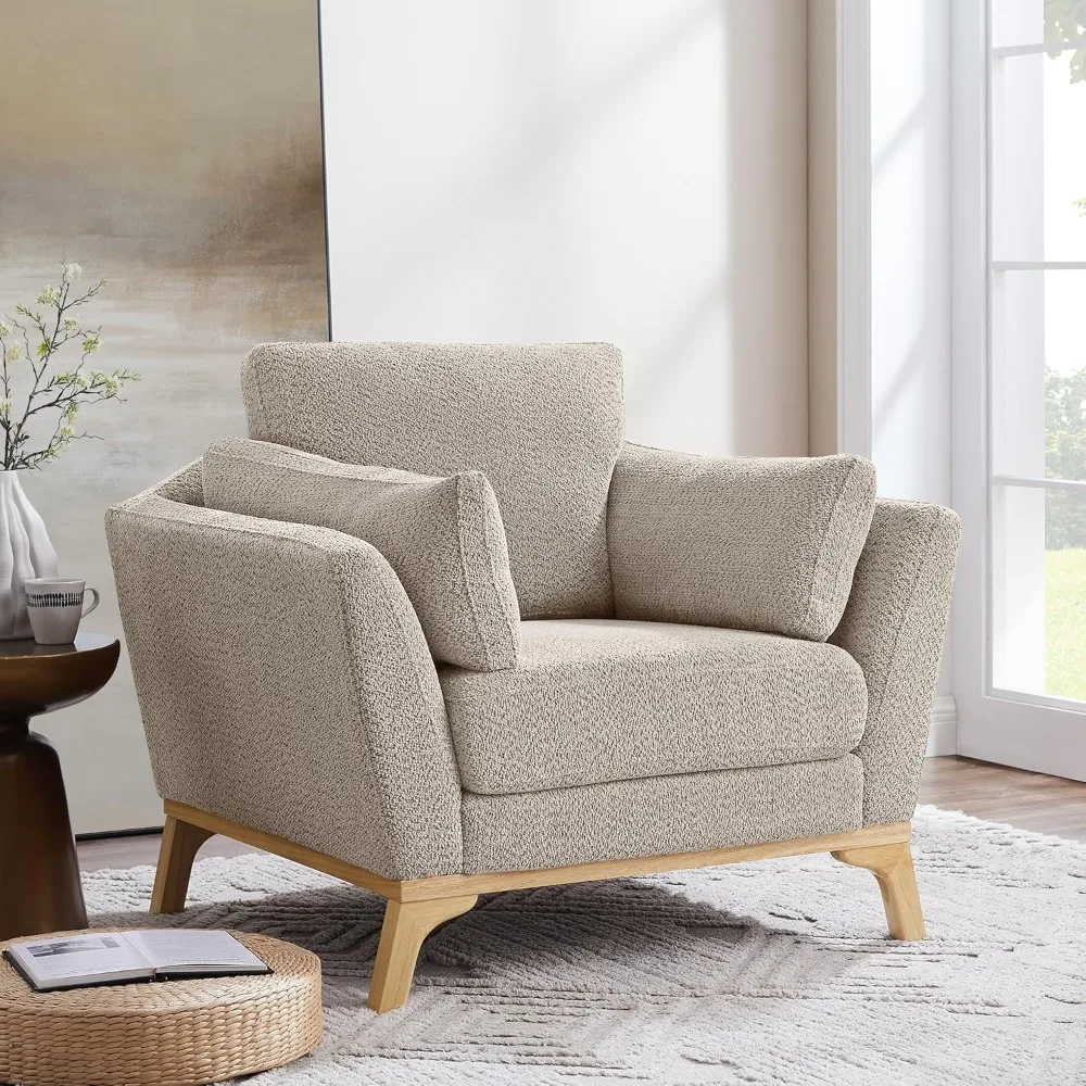 Large-Sized Accent Chair, Thick Cushion Bedroom Reading Chair, Comfortable Living Room Single Sofa， Boucle Camel