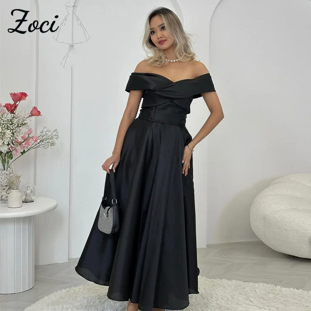 

Zoci Off Shoulder V Neck Evening Dresses Satin A Line Black Ankle Length Party Gown Customized Saudi robes de soirée Prom Dress