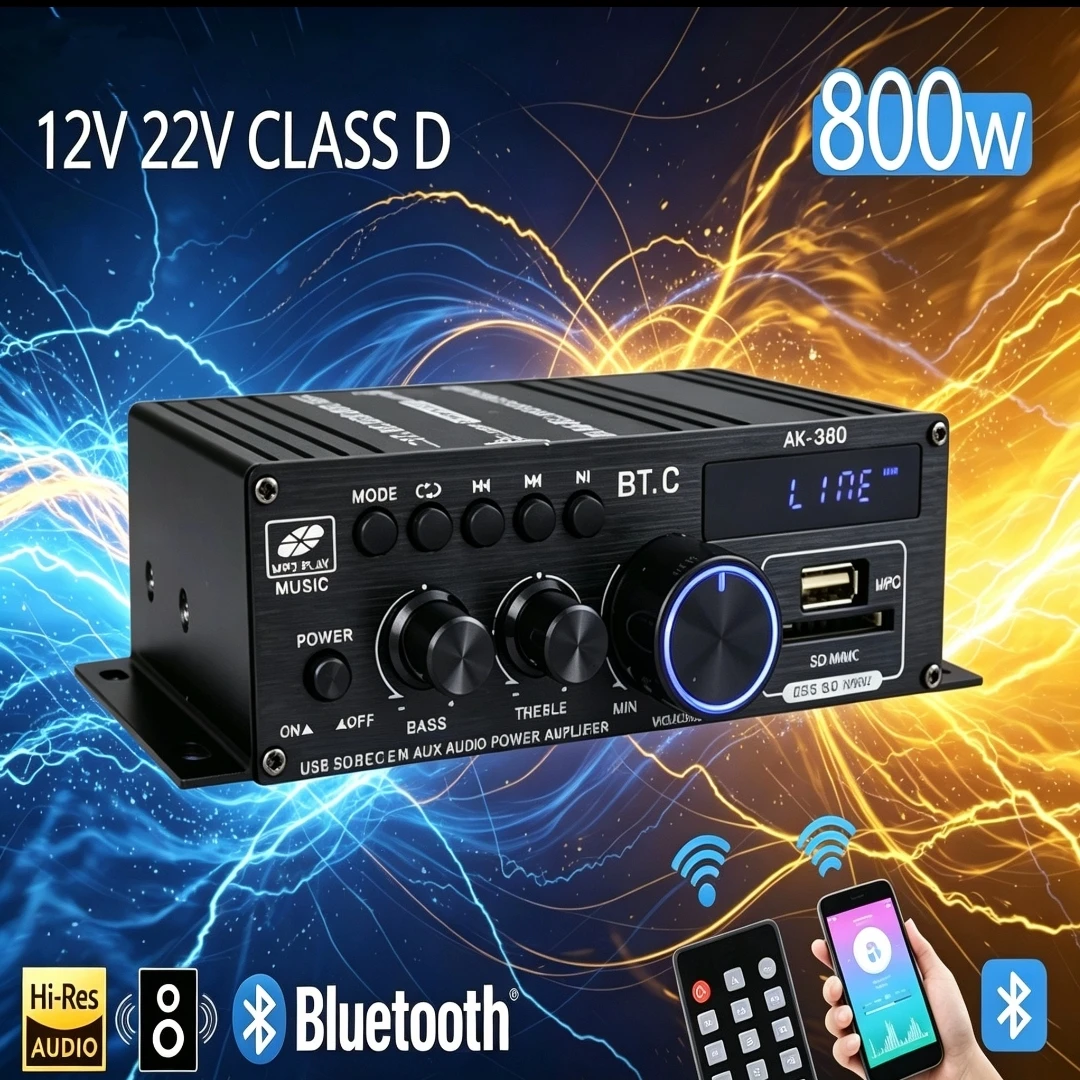 AK380 800W Bluetooth Amplifier HiFi Audio Karaoke Home Theater Amplifier 2 Channel Power Class D Amplifier USB SD AUX Brand New