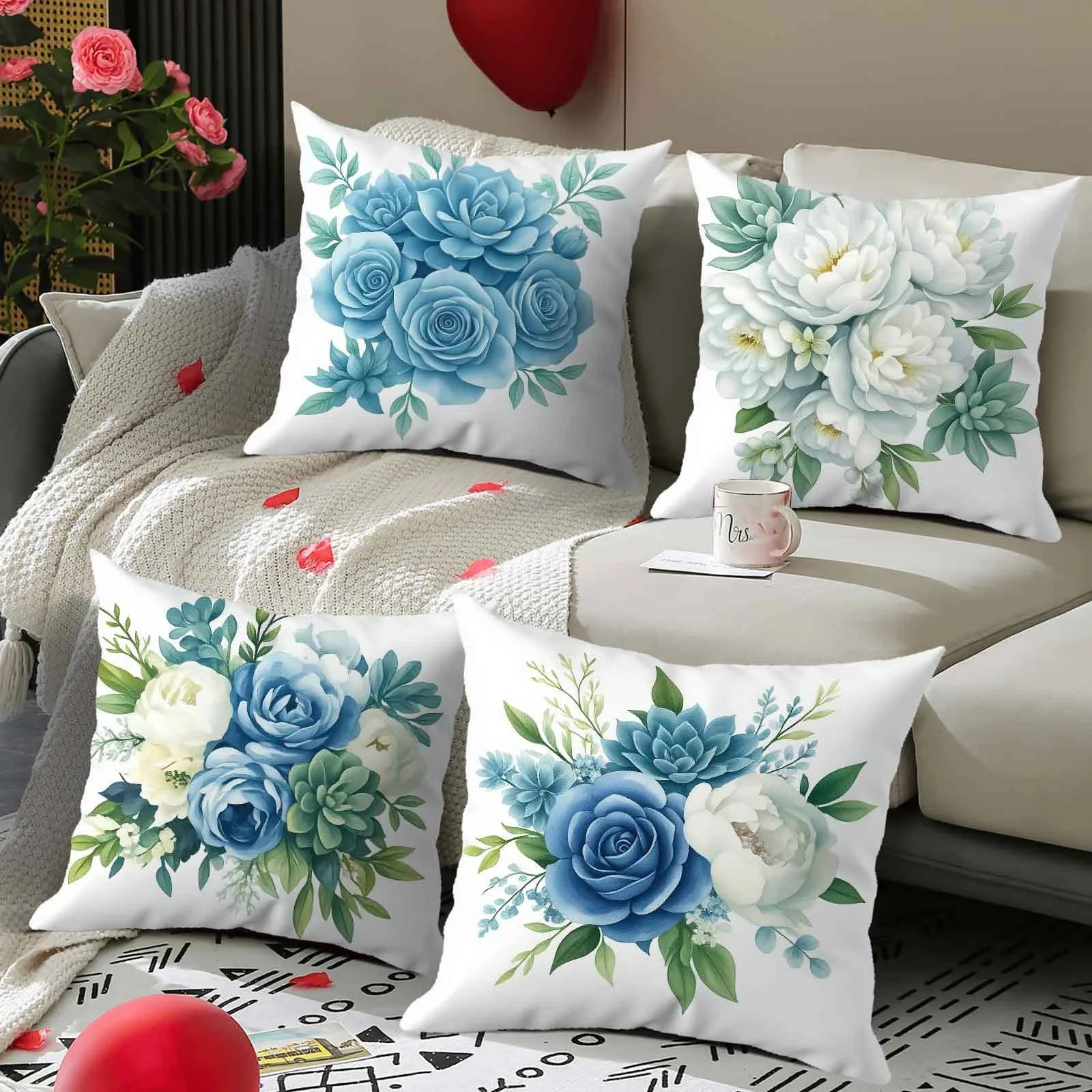 

Soft Blue & White Floral Pillowcase: Elegant Fresh-Themed Cushion Cover for Cozy Modern Home Sofa Decor