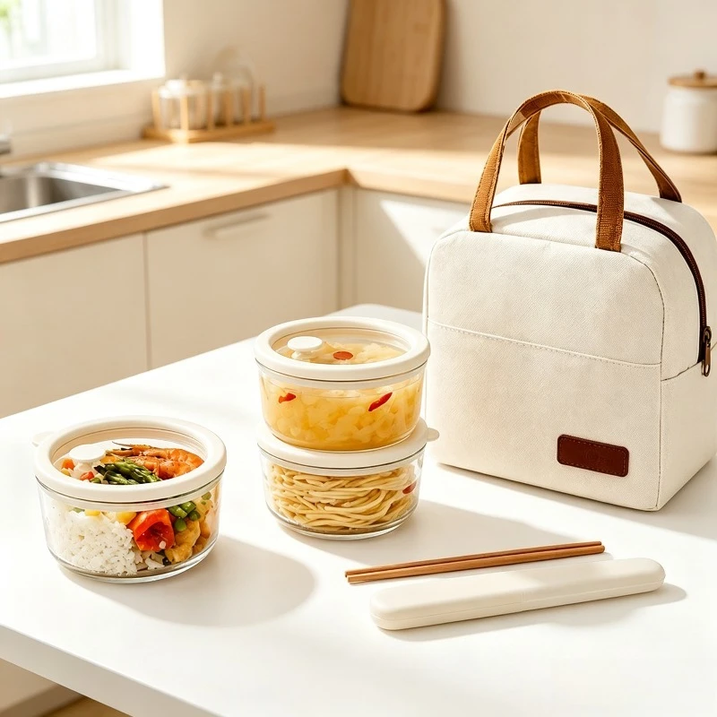 JUSTINLAU High Borosilicate Glass Lunch Box Microwave Safe Food Storage Container with Insulated Tote Bag for Office Picnic