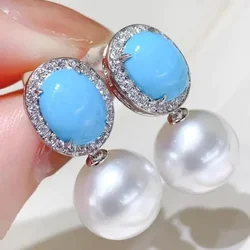 Luxury Round Imitation Pearl Earrings for Women Fashion Silver Color Metal Inlaid Blue Stone Zircon Dangle Earrings Women