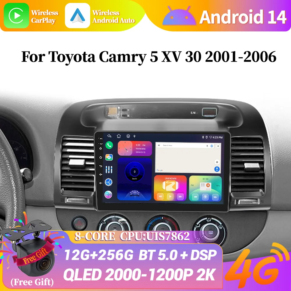 

Беспроводная стереосистема Carplay для Toyota Camry 5, XV, 30, 2001-2006, автомобильное радио, мультимедийный видеоплеер, навигация, Android 14 авто