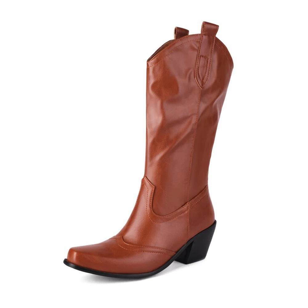 أحذية رعاة البقر الغربية ريترو الأسود منتصف العجل أحذية للنساء كعب سميك أحذية القوطي بوتاس دي موهير حجم كبير 34-48 أحذية 777-9