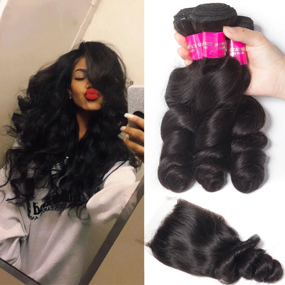 12A Peruvian Raw Virgin Hair Unprocessed Human Hair Bundles With Closure 4X4 Loose Wave Bundles And Closure Natural Black Color