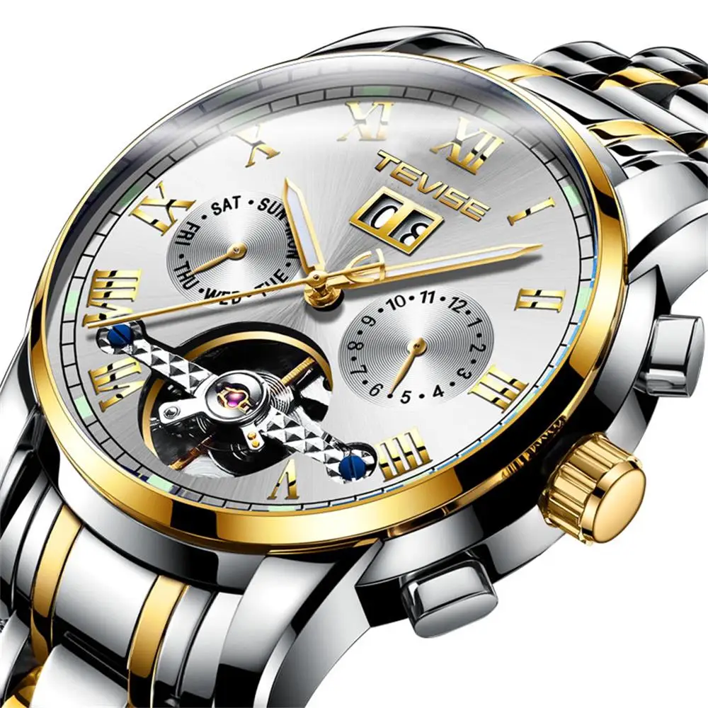 Tevise Luxury Men's Automatic Mechanical Gold Full Stainless Steel Tourbillon Business Chronograph Waterproof & Luminous Watch