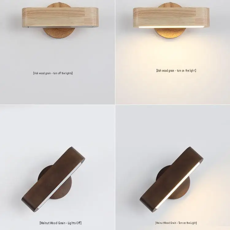 Chinese-style natural wood LED wall lamp Nordic-inspired fixture bedrooms staircases and corridors—featuring a rotatable design