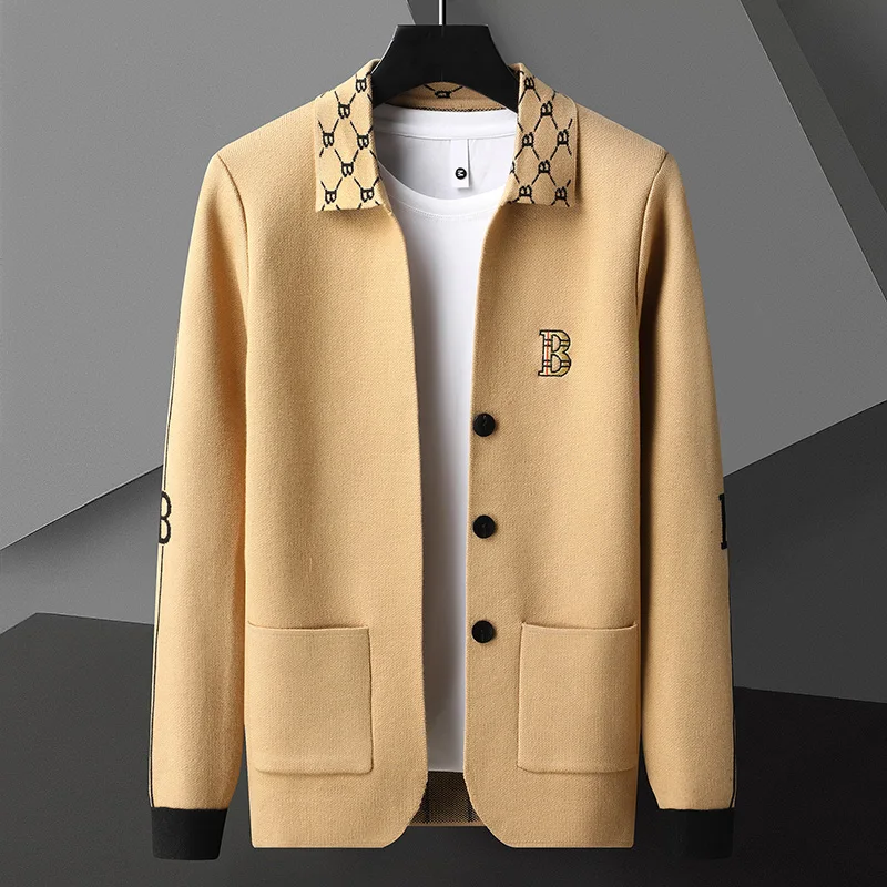 Luxury Spring and Autumn New Men's Solid Color Business Casual Sweater Trendy Neckline Design Pattern Embroidered Cardigan M-4XL