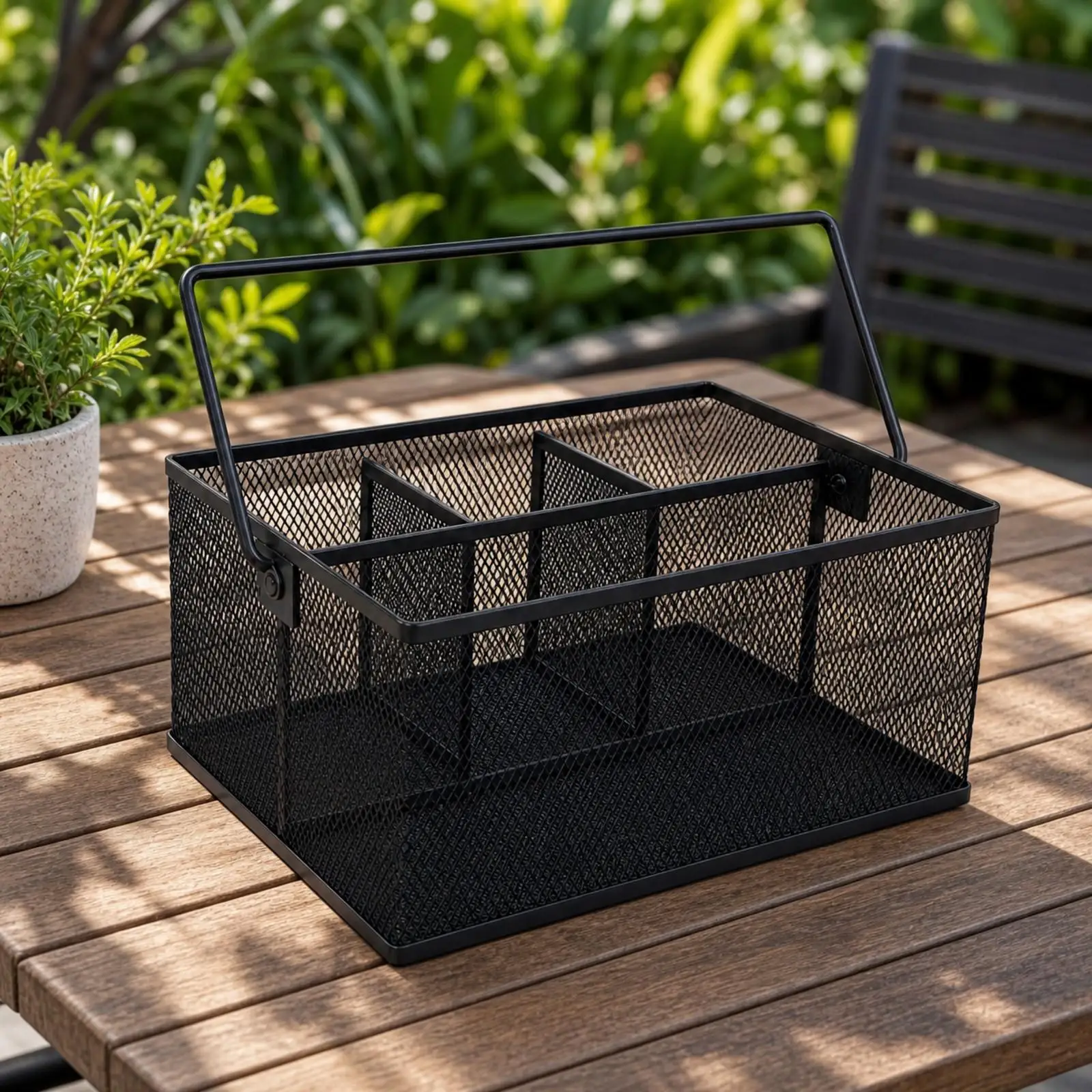 Rectangular Iron Mesh Storage Basket Organizer with Four Compartments for Kitchen Utensils Office Supplies Outdoor