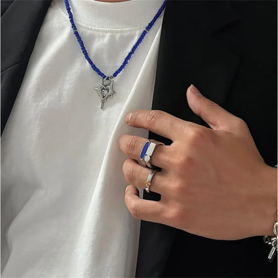 Korean Style Blue Double-Layer Irregular Ring Men's Cold High-End Minimalist Niche High Street Titanium Steel Jewelry