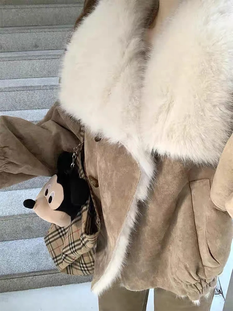 Koreański płaszcz damski ort, ciepły, z kołnierzem ze sztucznego futra, zimowa odzież wierzchnia, dopasowany krój, długi, jednolity kolor, zapinany na guziki, kurtka.