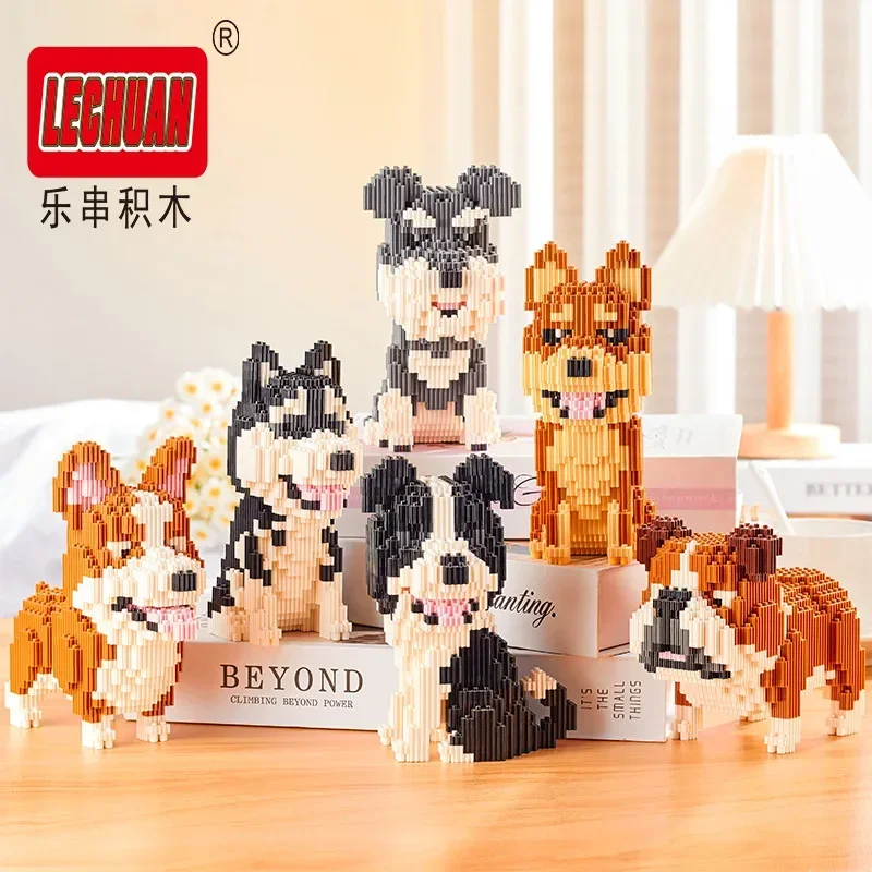 Linkgo Connection Dog Building Blocks Collie Husky Bulldog Corgi Schnauzer 3D Model Animal Bricks Pet Figure Toys For Kid Gift