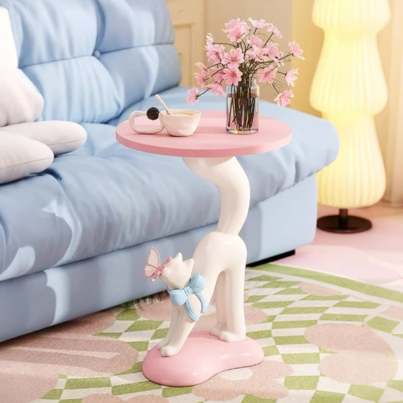 Nordic Cream Style Cartoon Cat Statue Side Table Pink Coffee Table Kawaii Girl's Room Decor Furniture Bedside Table Storage Rack