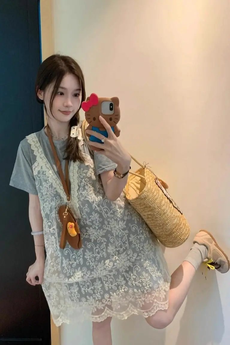 

Lace Patchwork Camisole Fake Two-Piece Dress Summer New Short Sleeved Round Neck Loose Casual Skirt