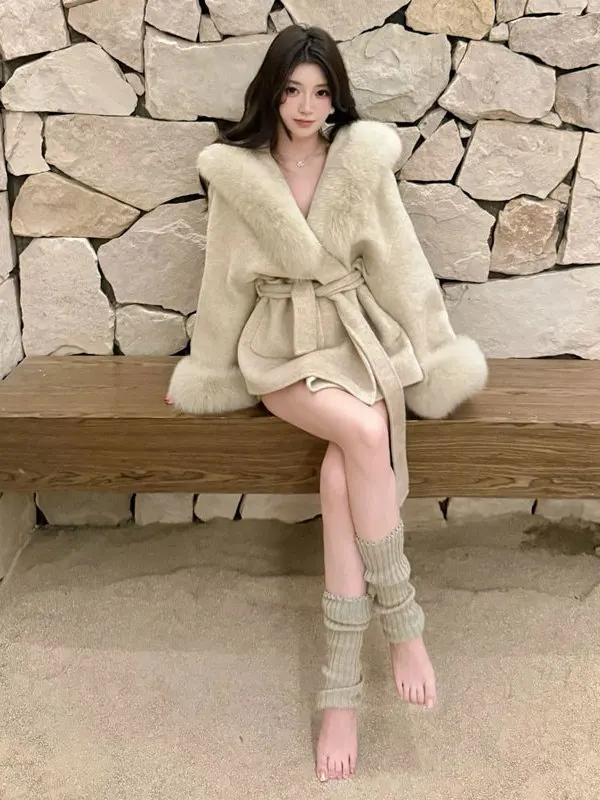 

Korean Sle Soft Ele Loose Winter Woolen Coat Rich Girl Sensation Beautiful Outerwear Long Sve Stand Collar Button Cl...