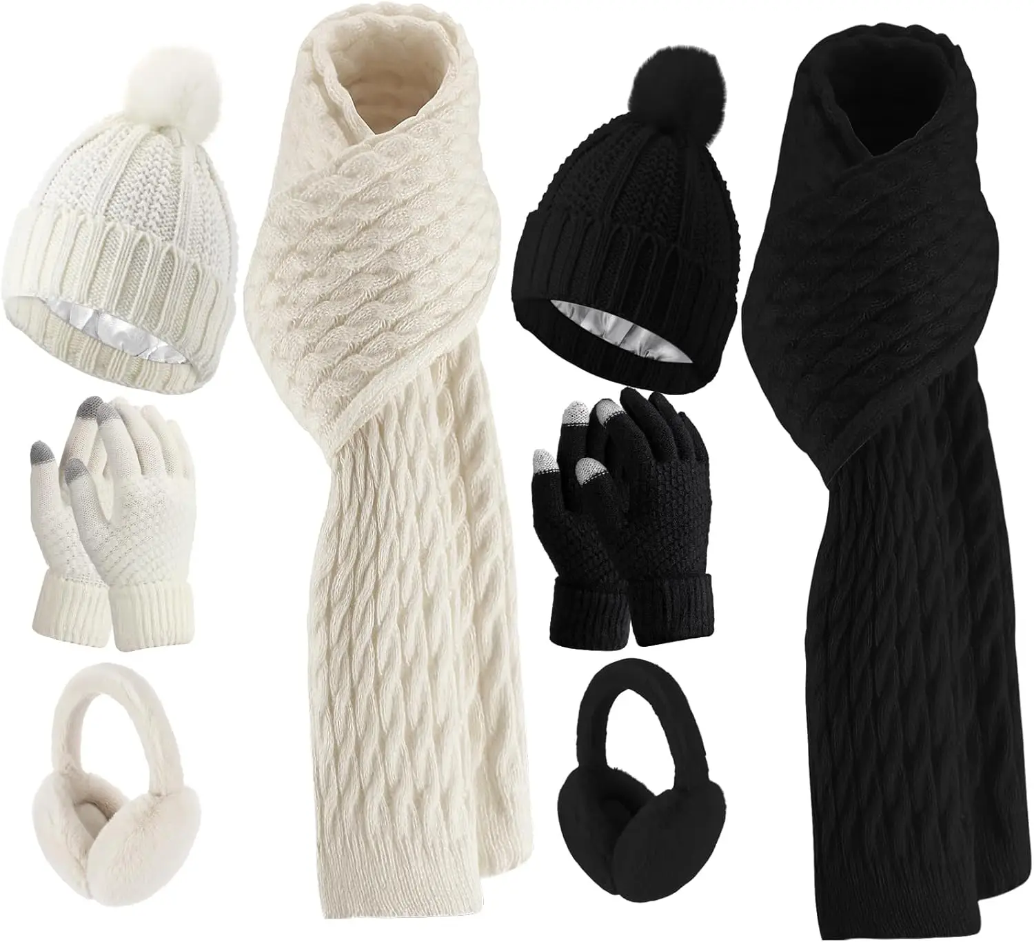 

Комплект из 8 предметов: зимняя шапка, шарф, перчатки, наушники, вязаная шапка с помпоном, перчатки для сенсорных экранов для взрослых