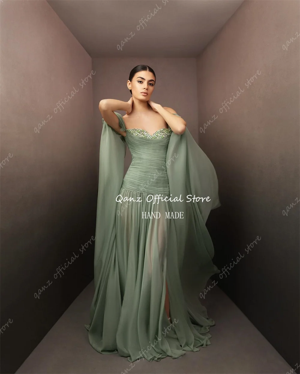 Qanz Green Chiffon Evening Dresses Sweetheart Illusion Pleat Vestido De Gala Noche Mujer Beadings Dresses 2025 Woman Customized