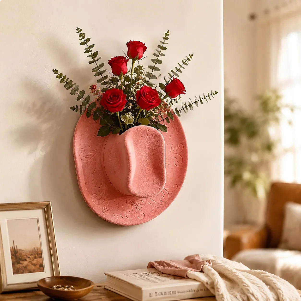 Boho Vintage Denim Hat Wall Vase Holder- Resin Sculpture Hanging Home Wall Art Decor