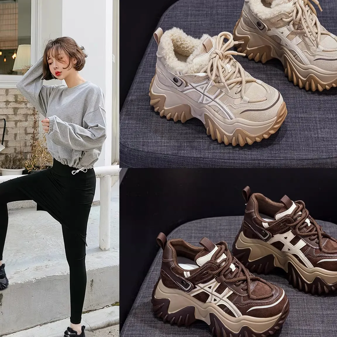 

Warmth Leather Thick Bottom Dad Shoes Women's Autumn Winter Small Size Korean Style Sports Shoes Casual Low Top Glue Worn