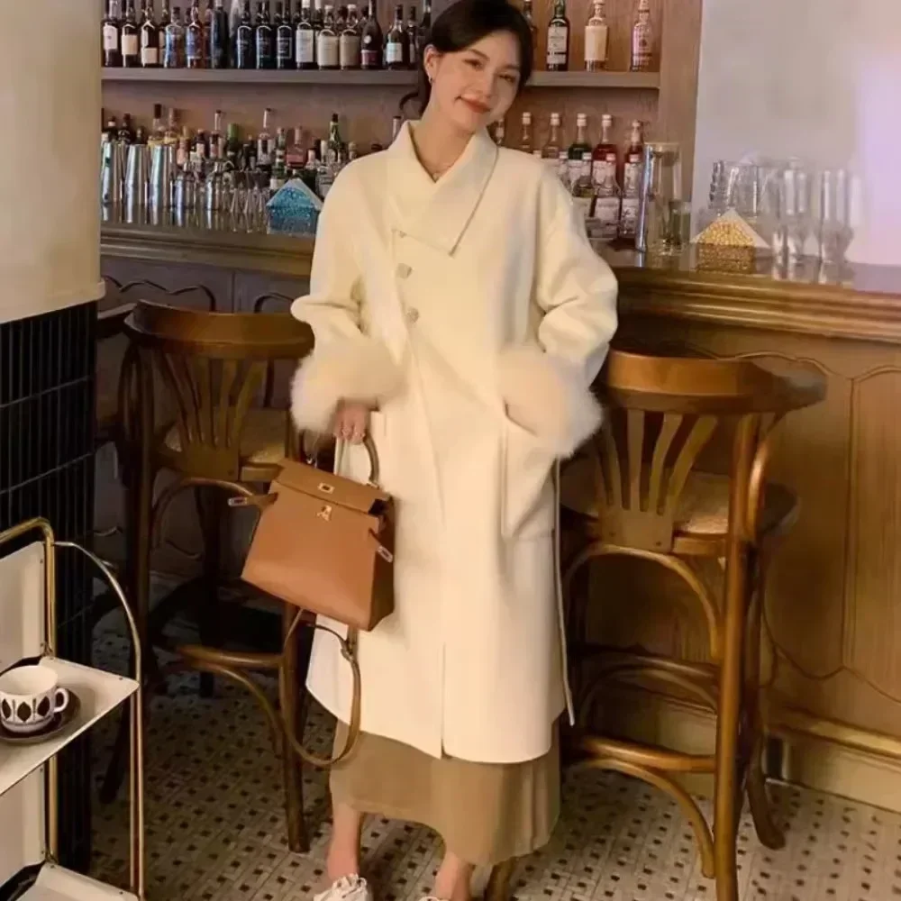 

Двустороннее кашемировое пальто для женщин, новинка 2024, осенне-зимняя куртка из натурального лисьего меха, женское шерстяное пальто, длинное шерстяное пальто с воротником из лисьего меха