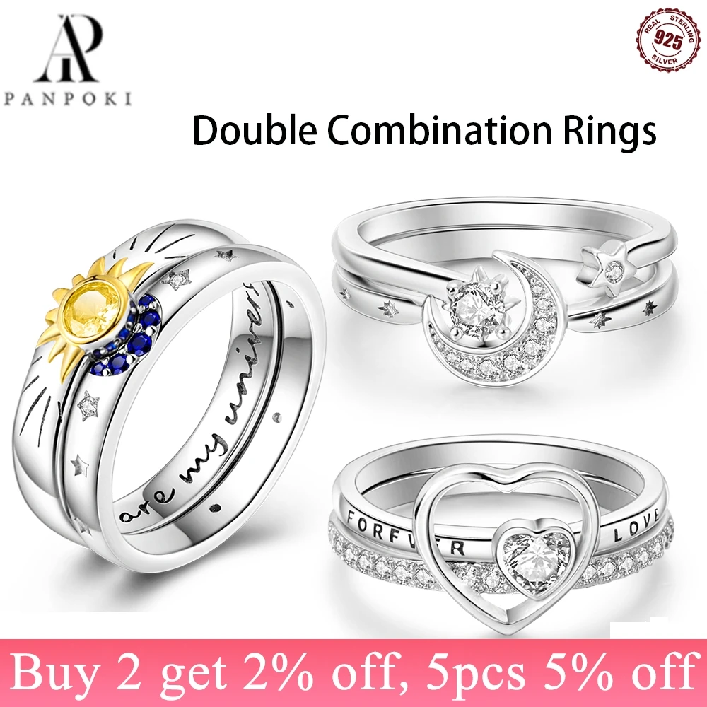 PANPOKI 925 Sterling Silver Women Rings HOT Style Love Heart  Star Moon Double Combination Rings Wedding Girls Jewelry Gifts