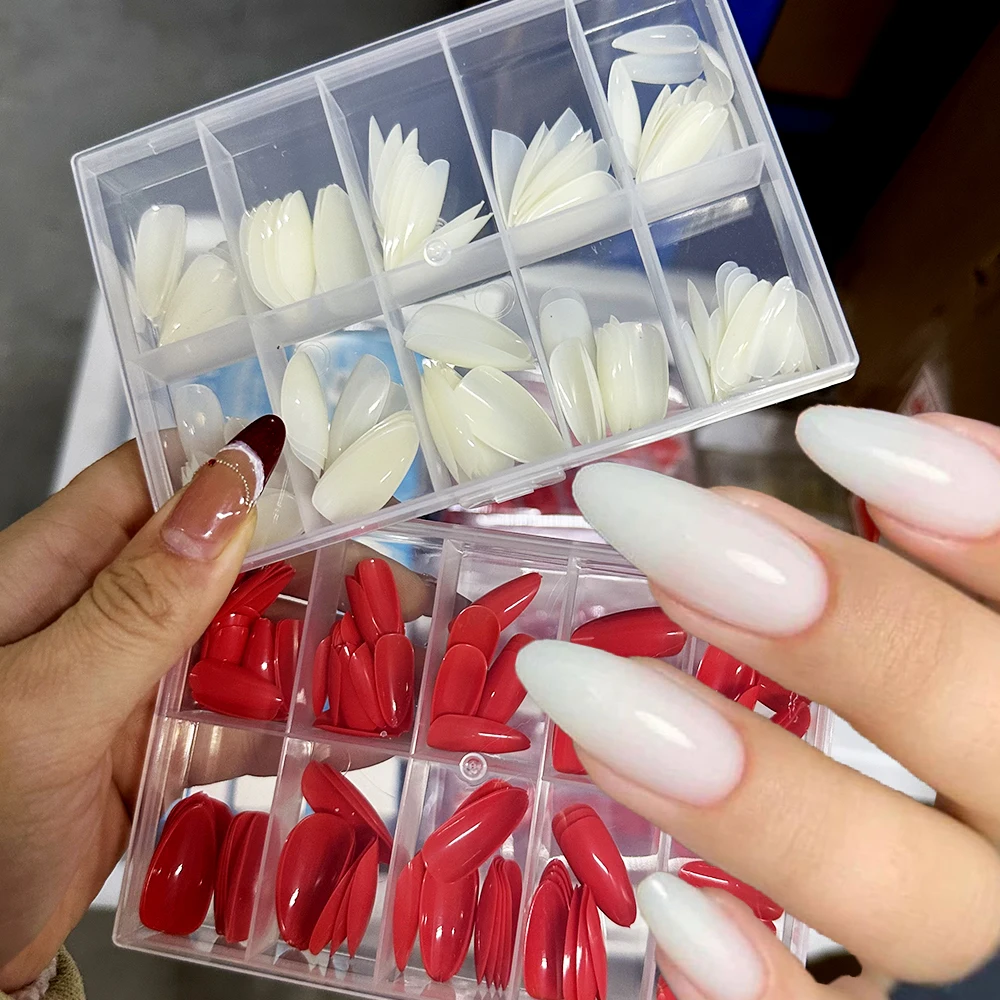

120pcs Medium Length Almond Press on Nails Glossy Finish White Red French False Nail Tips Full Cover Fake Nails Nail Extensions