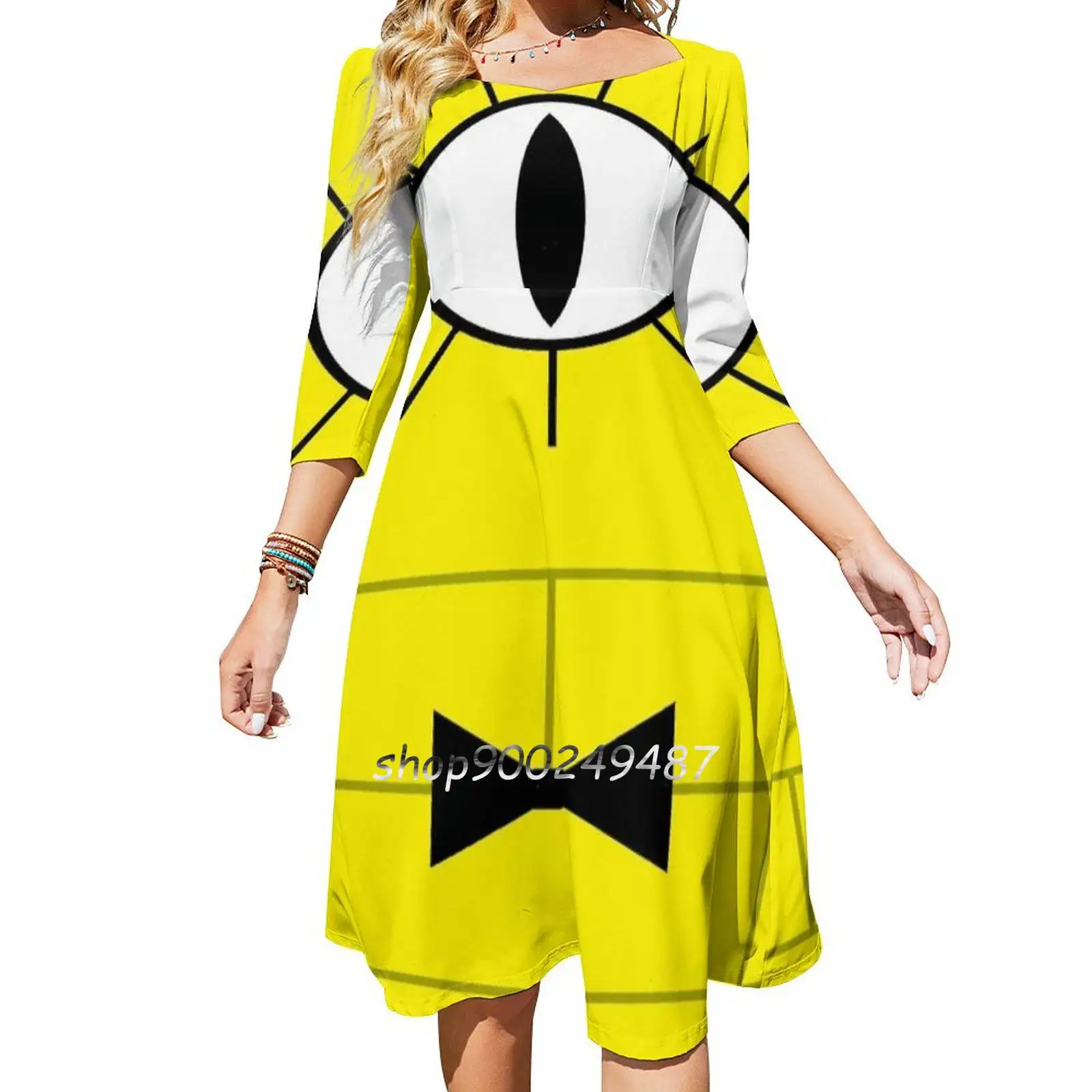 Bill Cipher Inspired Graphic Sweet Elegant Dress Women Korean Kawaii Square Collar Dress Bill Cipher Bill Cipher Inspired