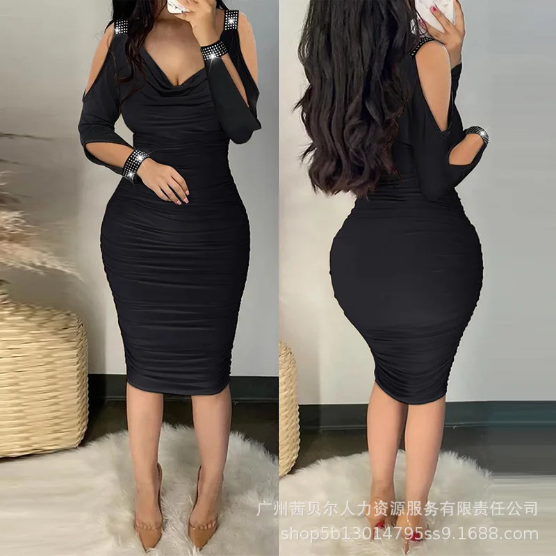 Rhinestone Bowknot Decor Cold Shoulder Ruched Bodycon Dress Women Slim Knee Length Dress