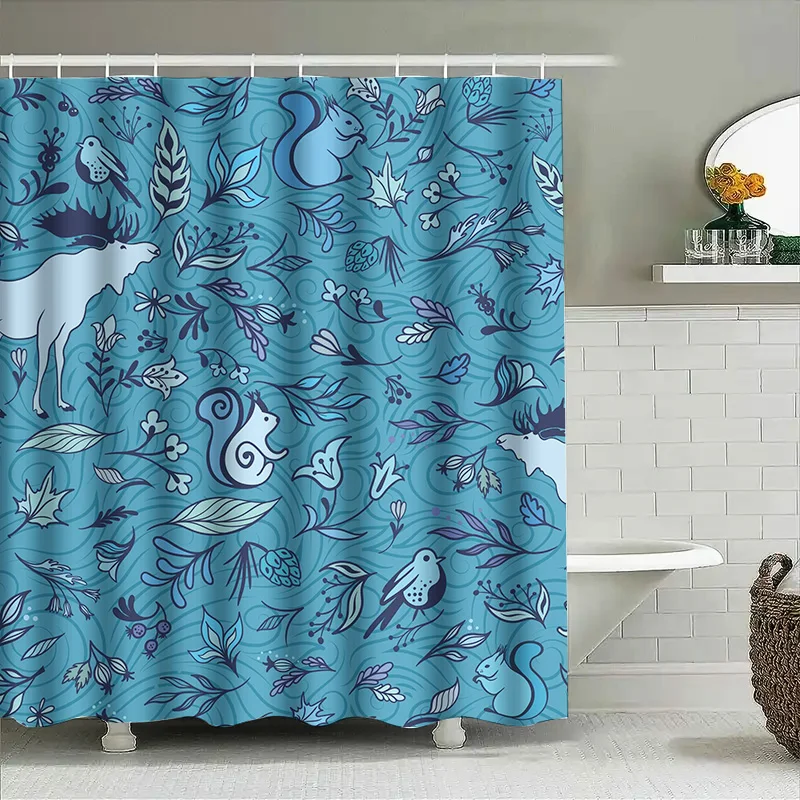 Wildlife Shower Curtain Set Bathroom Decor with Deer Squirrels Pattern in Blue Floral Print Fabric for Home Living Room Decorati