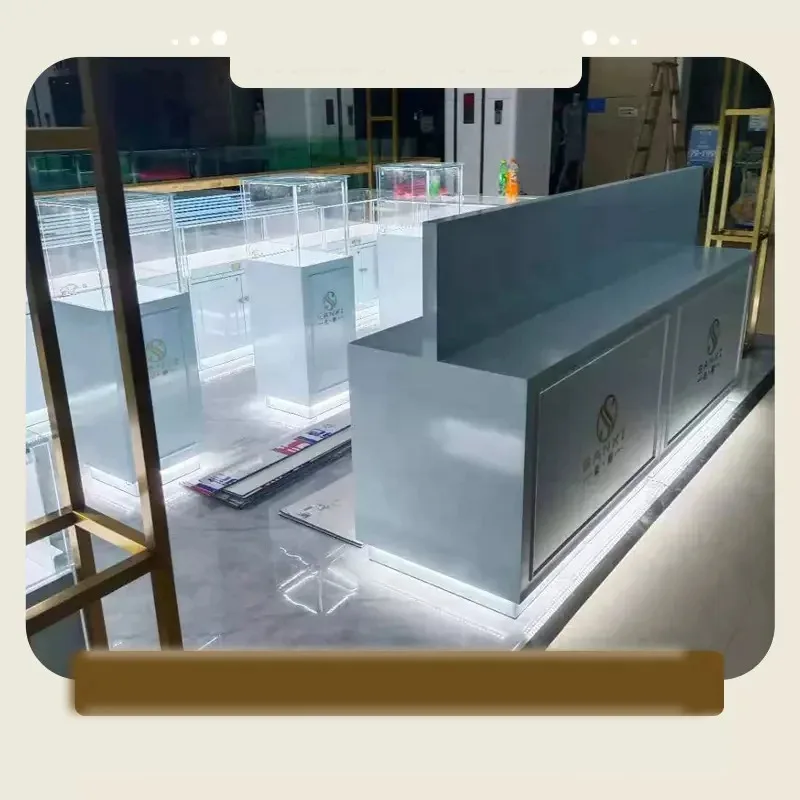 

Customize.High Quality Custom Gold White SS62 Glass Jewelry Showcase Display Cabinet with Light