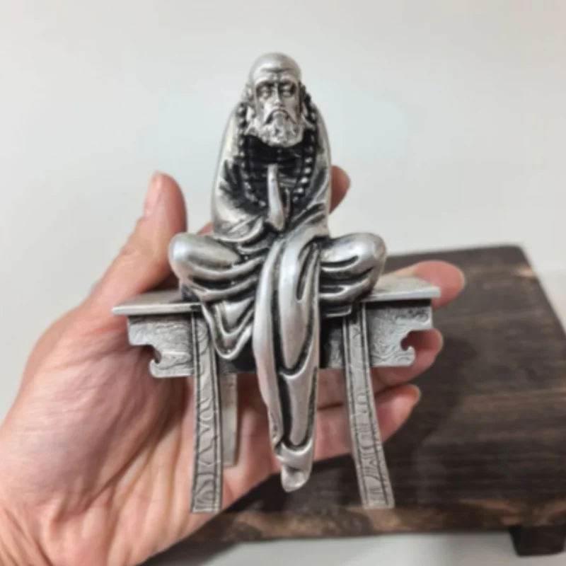 Antique Silver-Plated Copper Bodhidharma Statue - Zen Patriarch Figure, Exquisite Home Desktop Decor & Collectible Ornament