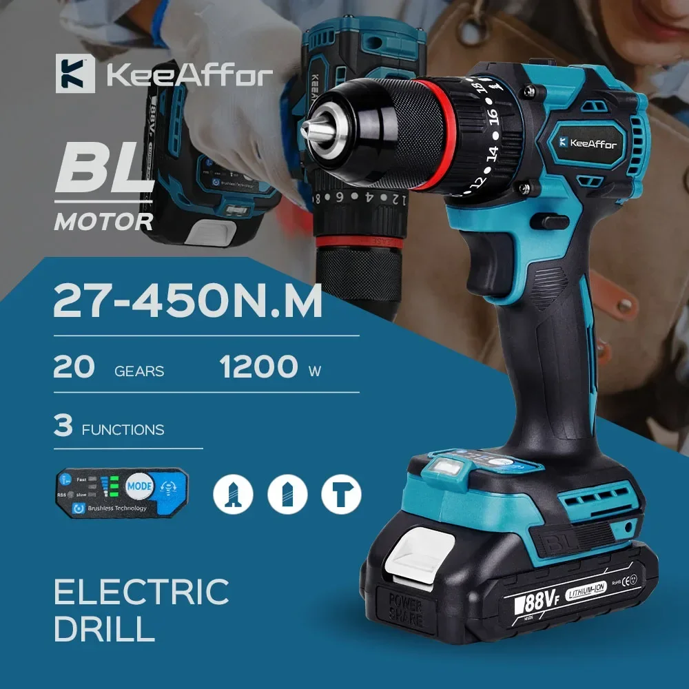 KEEAFFOR 450NM 1200W Brushless Electric Impact Drill 20Gears Cordless Electric Drill Electric Screwdriver For Makita 18v Battery