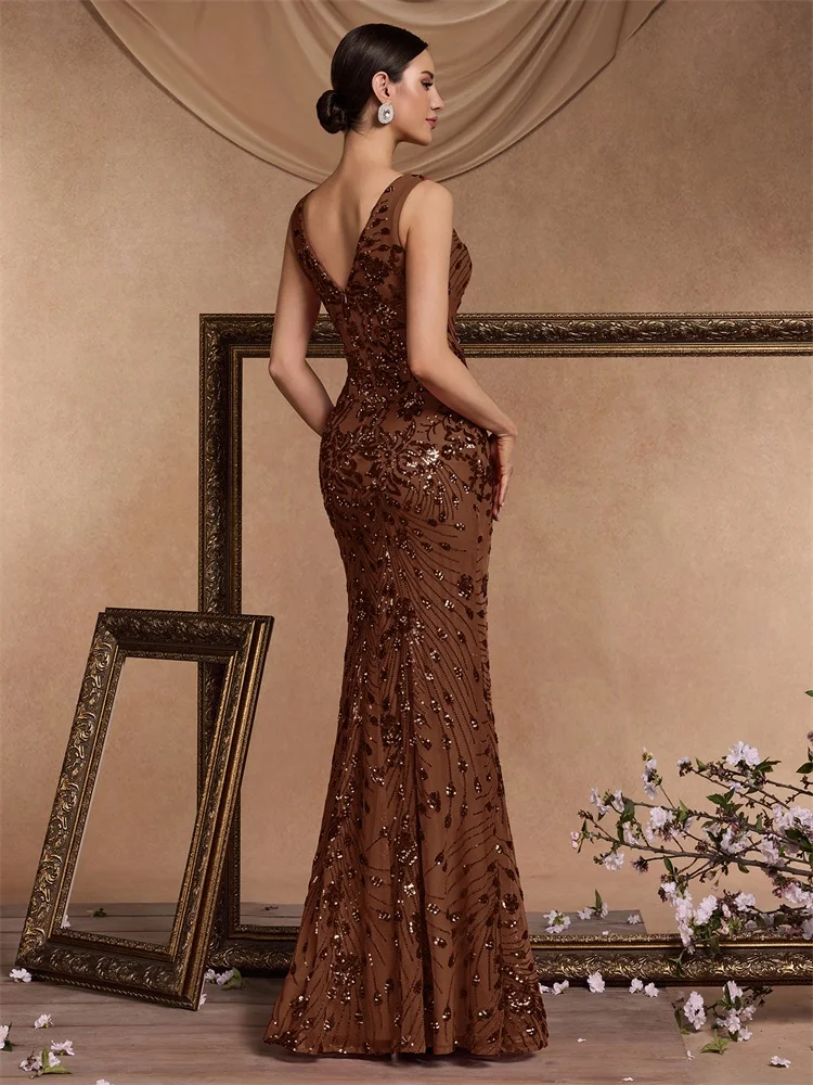 Lucyinlove Elegant Slit pleats Slim Evening Dresses Women Long Mermaid Formal Sequins V-neck Caicktail Wedding Party Gowns Event