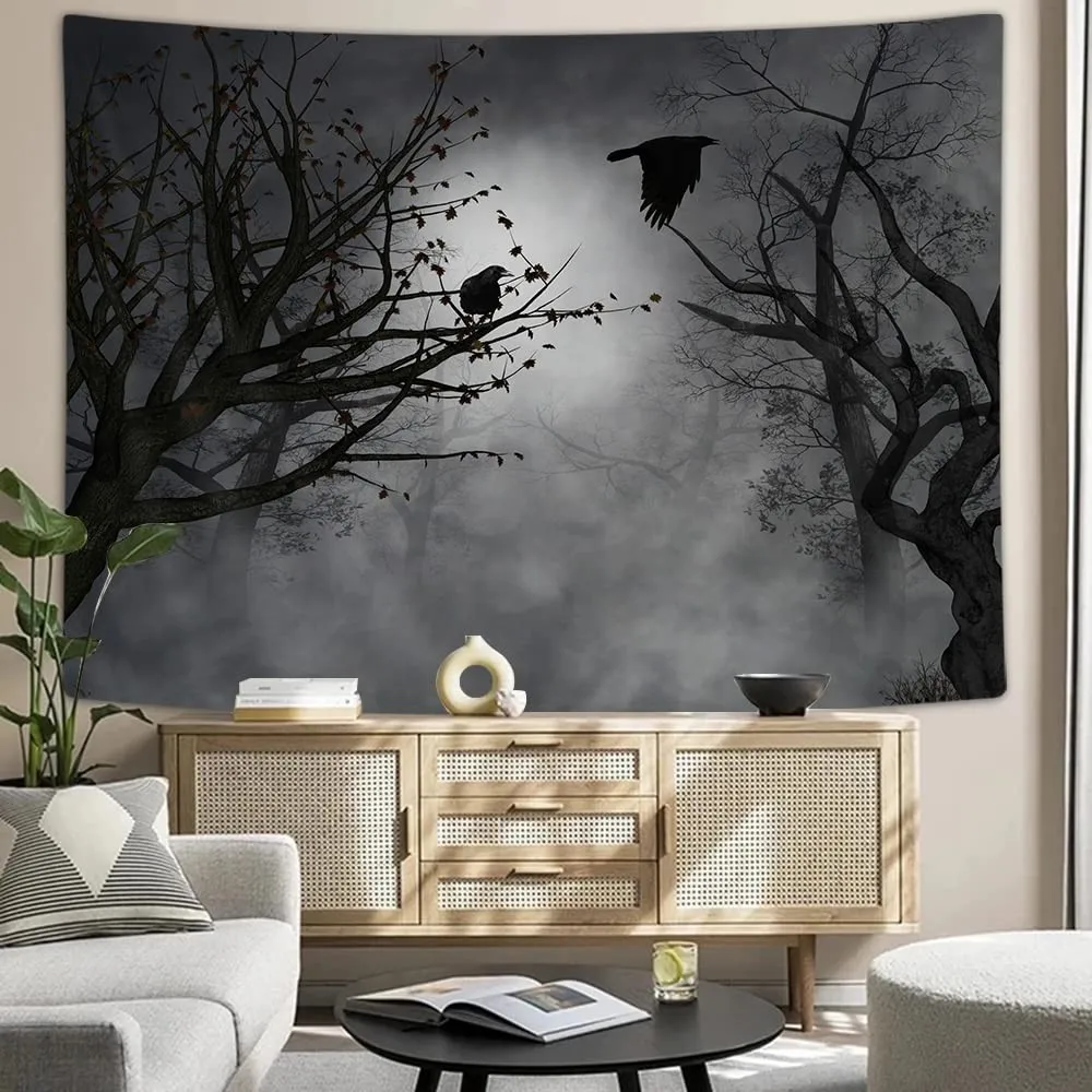 VIKAMA Dark Forest Raven Tapestry Gothic Style Dead Tree Mis