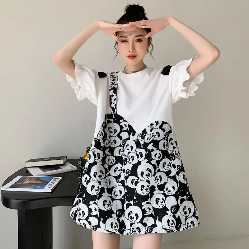 

Fashion O-Neck Printed Spliced Fake Two Pieces Midi Dress Female Clothing 2024 Summer New Loose Butterfly Sleeve Casual Dress