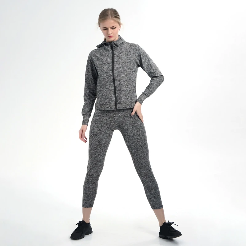 Women's Yoga Fitness Sanua Suit Silver Coating Hooded Long Sleeve Zipper Sweating Jacket With High-Rise Booty Lifting Leggings