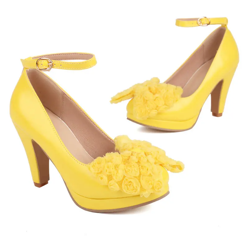 Plus Size 34-48 Bright Yellow Blue Round Toe Lady Mary Janes Shoes Spike High Heels Stiletto Women Pumps With Lace Flower Bowtie